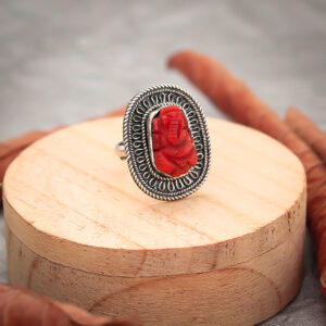 Red Coral Carved Ganpati Design Silver Ring