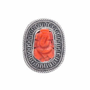 Red Coral Carved Ganpati Design Silver Ring