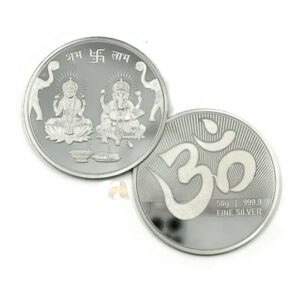 999 Pure Silver Ganesha Lakshmi / Laxmi Fifty Gram Coin