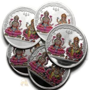 999 Pure Silver Ganesha Lakshmi / Laxmi Ten Gram Meena Coins (Set Of Five)