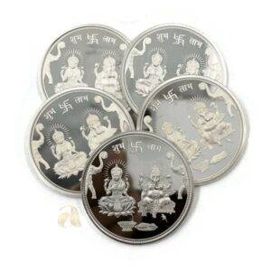 999 Pure Silver Ganesha Lakshmi / Laxmi Ten Gram Coins (Set of Five Coin)