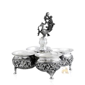 Haldi, Kumkum 4 bowl set in Silver Antique workmanship