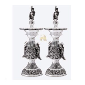 Twin Peacocks Diya Depam stand in Antique Silver