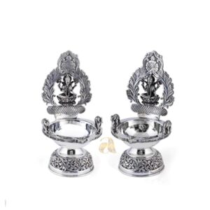 Deity Lakshmi Floral Patterns Themed Silver Diya