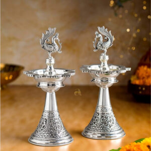 Twin Peacocks Diya Depam stand in Antique Silver